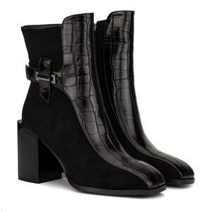 Torgeis Fontaine Black Croc-Embossed Block Heel Ankle Boots w/ Buckle Size 8